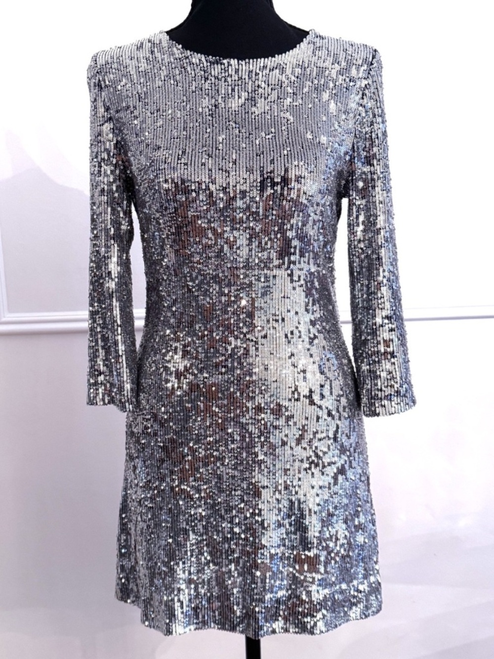 Tory Burch Small Silver Sequin Mini Dress Long Sleeve Scoop Neck Party Cocktail
